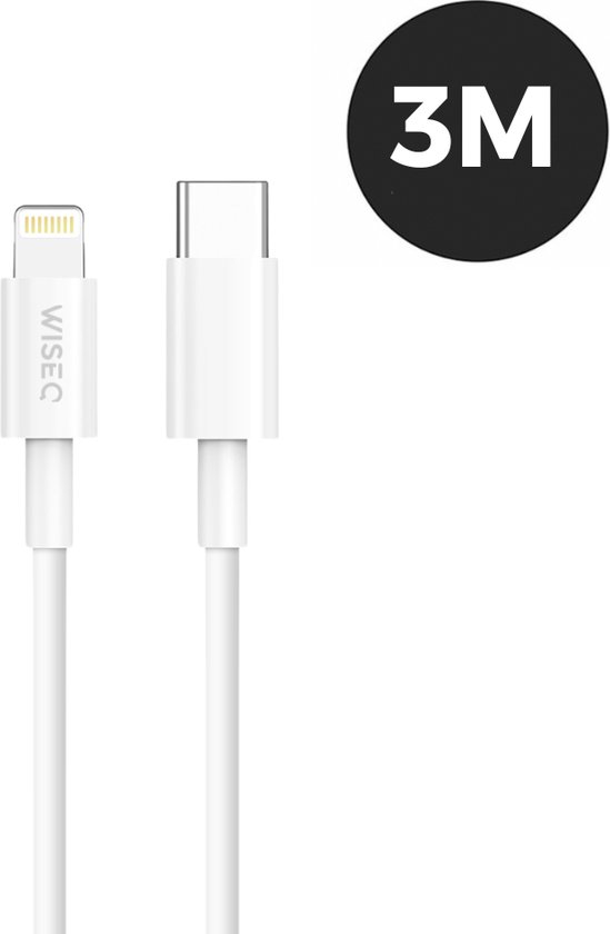 Oplaadkabel USB C geschikt voor Lightning - 3 Meter - Geschikt voor Apple iPhone Lightning - USB-C Kabel geschikt voor Lightning - Wit