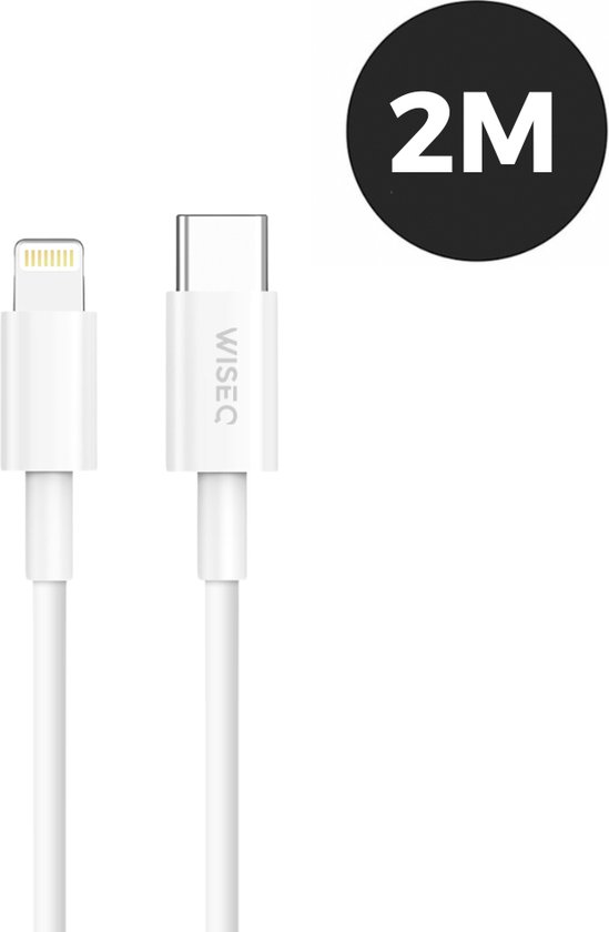 Câble blanc WiseQ USB-C vers Lightning de 2M, extrémités de connecteur.