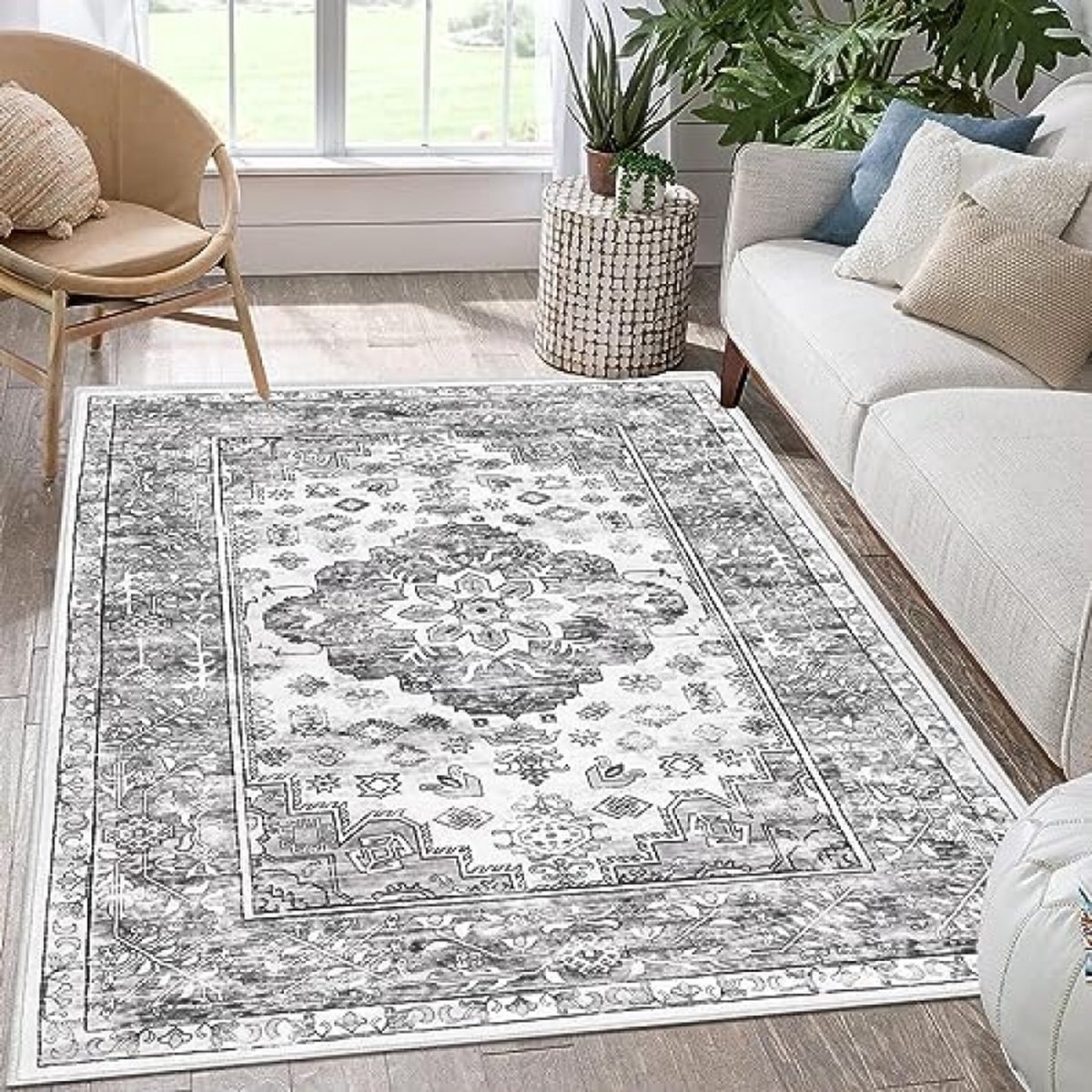 Vloerkleed 90 x 150 cm, zacht, laagpolig, vintage opvouwbaar, lichtgewicht vloer dunne mat antislip wasbaar tapijt voor slaapkamer, entree, keuken, grijs