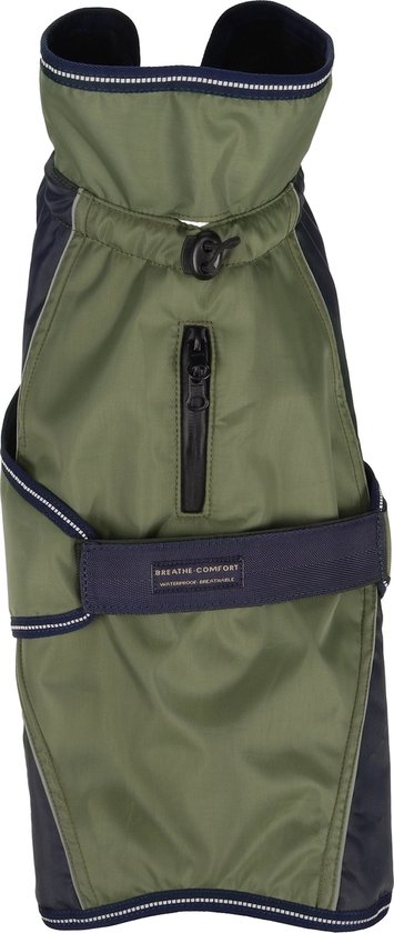 Groene en donkerblauwe winterhondenjas met kraag en ritssluiting.