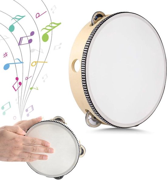 Tamburin handtrommel muziekinstrument voor kinderen D: 15 cm van hout met 4 klemmen - 3832