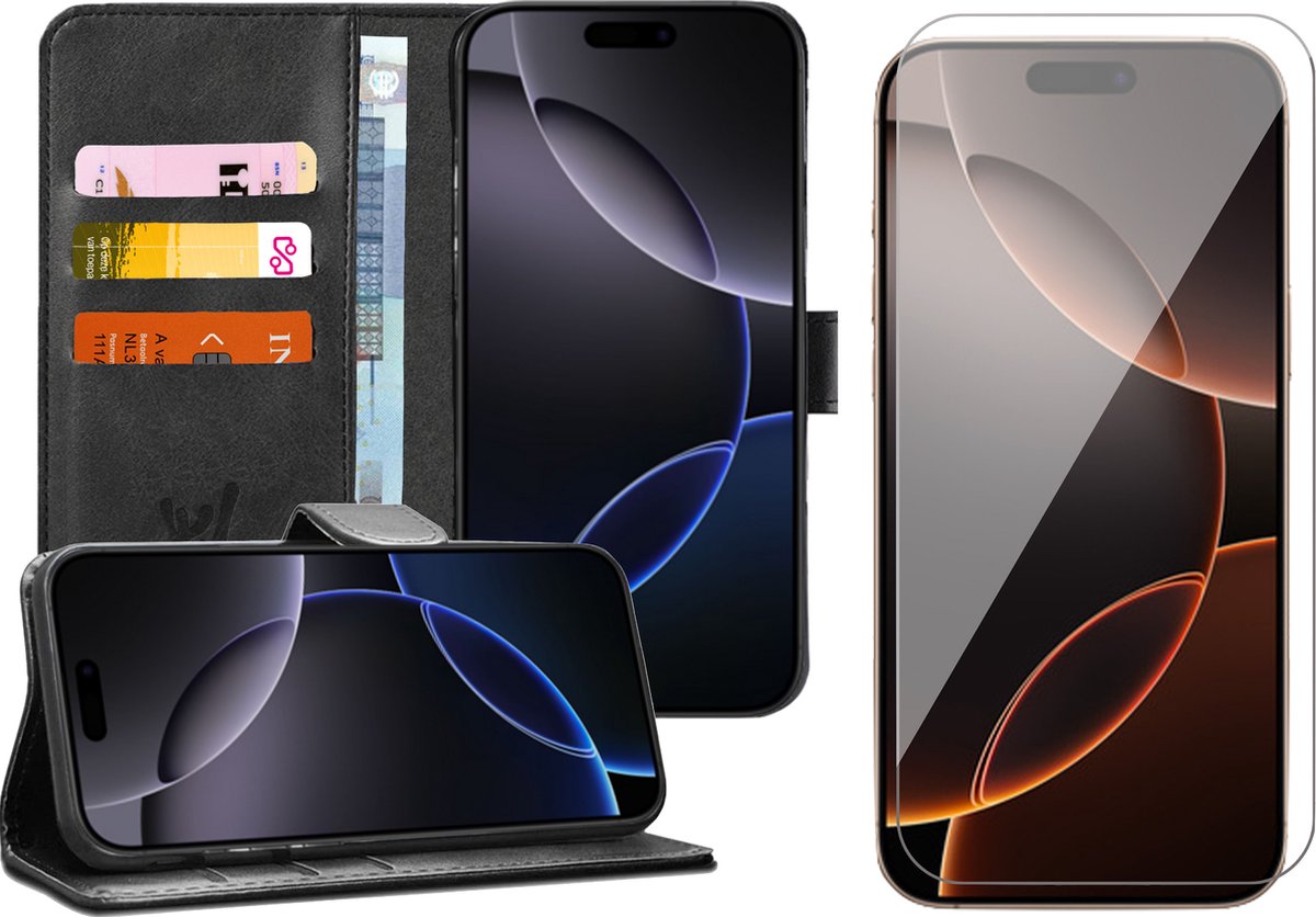 Hoesje geschikt voor iPhone 16 Pro - Screenprotector Glas - Portemonnee Book Case Zwart