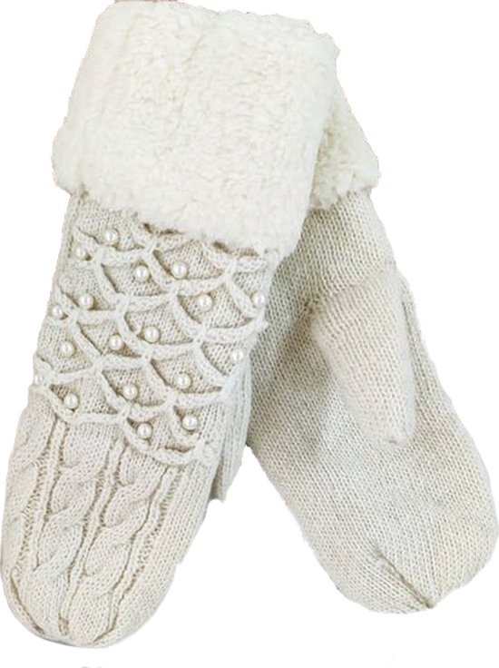 Mitaines - Gants - Femmes - tricotés avec fausse fourrure - doublure polaire - taille unique - Blanc crème avec perles
