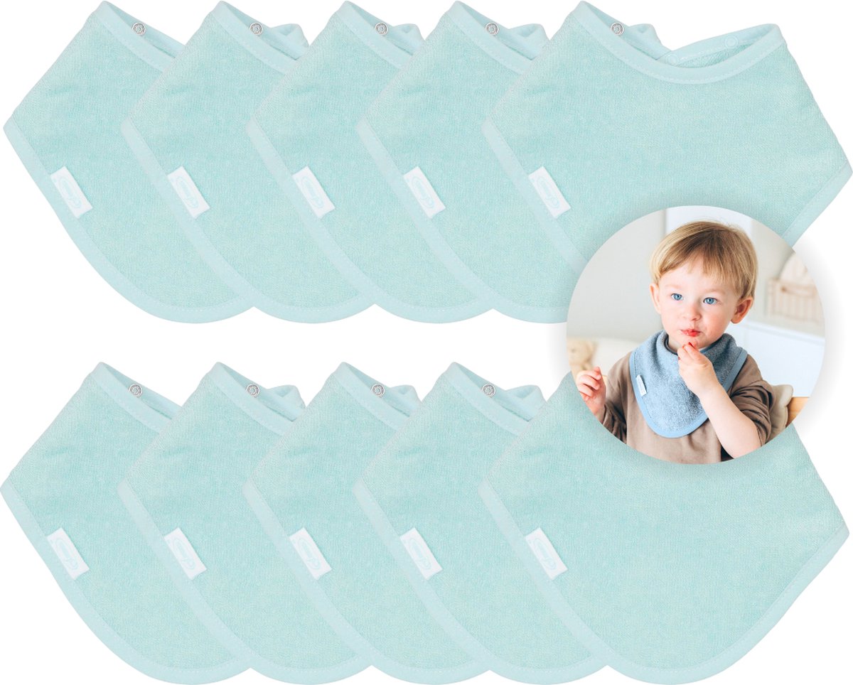 Funnies Bandana Slabbetjes 10 Stuks Mint - Set van 10 Zachte Slabbetjes - Kwijldoekjes - Spuugdoekjes - Gemaakt van 100% Katoenen Badstof - Absorberend, Zacht en Makkelijk Wasbaar - Ideaal voor Baby’s bij Voeden, Kwijlen en Spugen