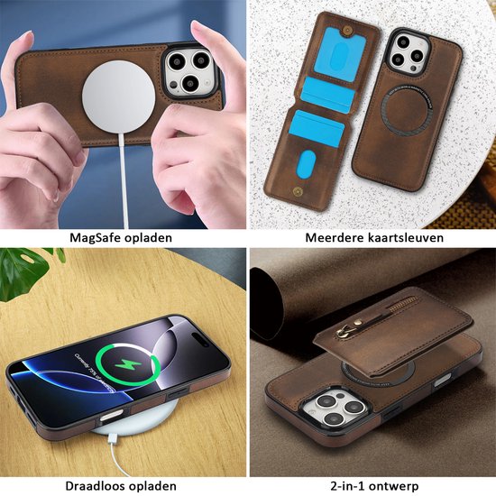 FFO2World MagSafe Étui portefeuille iPhone 16 Pro avec porte-cartes – Étui à rabat 2 en 1 amovible en cuir PU avec Protection RFID et béquille, compatible avec MagSafe – Marron