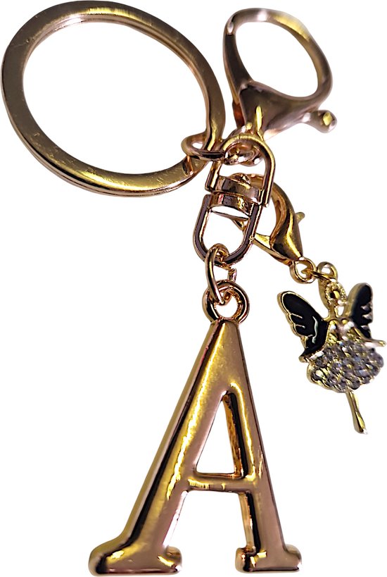 Sleutelhanger A + Travel Angel - Gouden Sleutelhanger met letter - Engel en Wenskaartje - 2 Cadeautjes in 1 - Ook apart te gebruiken - Verjaardagscadeau - Cadeau - Cadeautje - Cadeau vrouw - Cadeau Dames - Cadeau man - Cadeau heren - Sleutelhangers