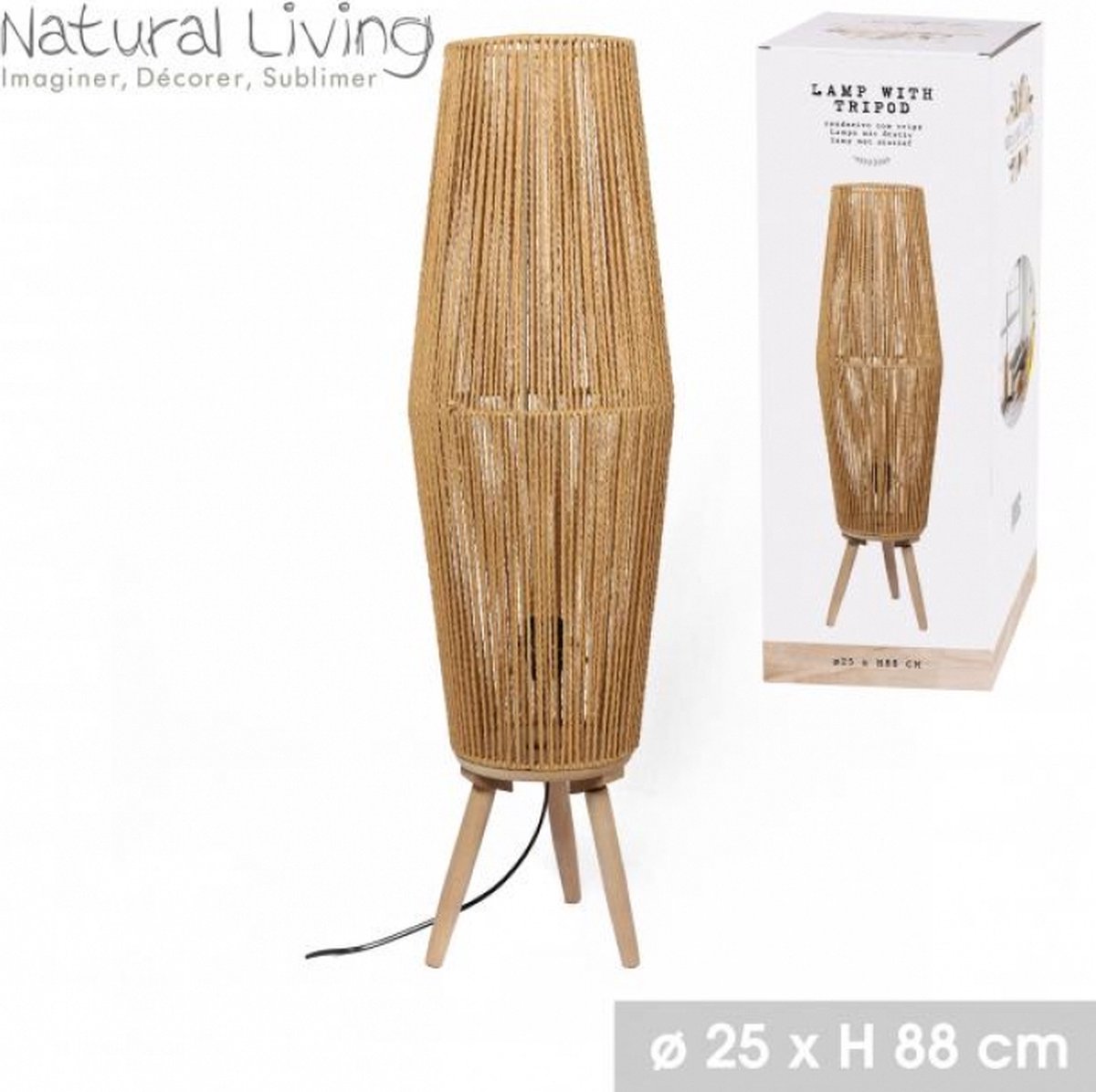 “NATURAL LIVING” Lamp LEANDRA in touw met houten statief D25 cm × H88 cm