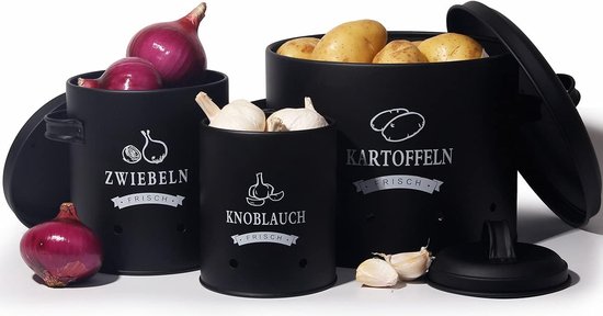 Relaxdays aardappel- en uienbox, 3-delig met deksel en gaten