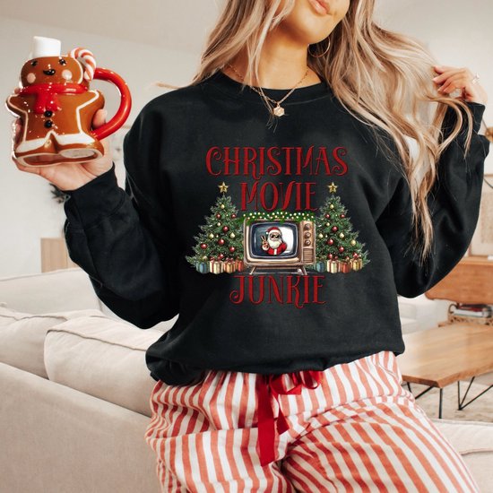 Mauvais pull de Noël pour hommes et femmes accro aux films de Noël - Zwart- Taille M