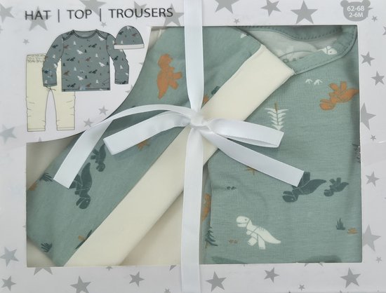 Baby gift set maat 62-68 2-6 maanden - Babygeschenkset shirt, broek en mutsje groen met beige - Dino's - Kraamcadeau -Baby cadeau set dinosaurus van BamBam — afbeelding 2