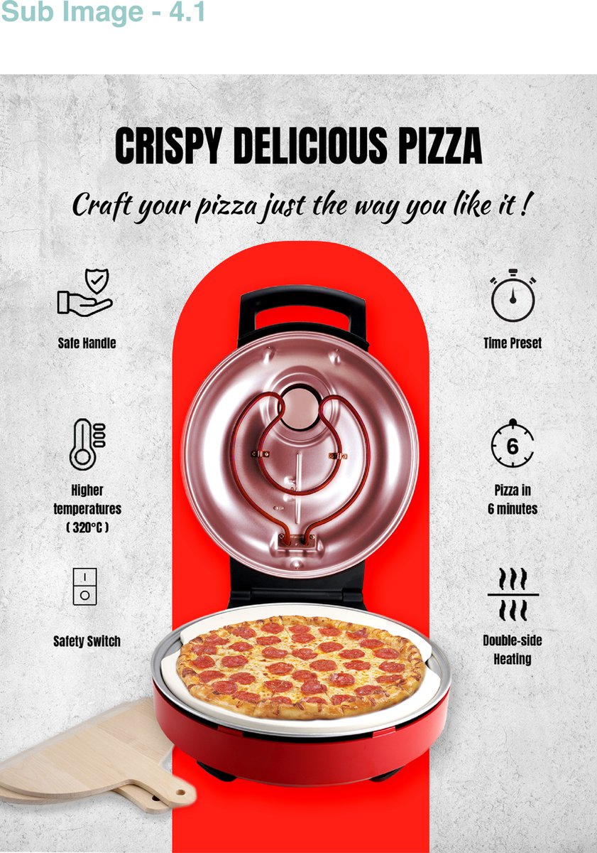 Bestron Turbo Pizzaoven voor pizza's in 5-10 minuten, elektrische pizzaoven met echte maximumtemperatuur van 320°C, inclusief pizzasteen en 2 grote houten spatels, Viva Italia, kleur: Rood – foto 7