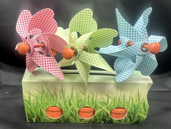 Set van 3 decoratieve windmolentjes in pot - kunststof+houten steker "Roze/Groen/Blauw met stipjes"- meerkleurig + oranje potjes- dia 9 cm x hoogte 16 cm - Tuinaccessoires - tuinstekers