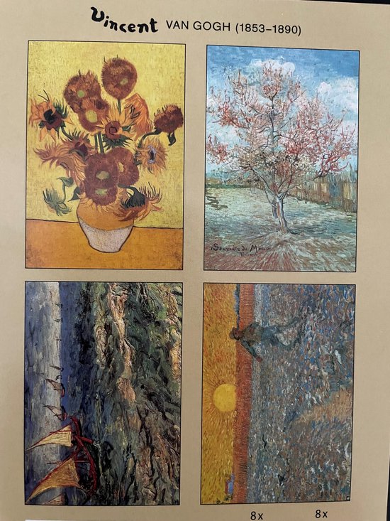 Vier schilderijen van Vincent van Gogh: Zonnebloemen, bloeiende amandelboom, boomstam en zonlicht met zon.
