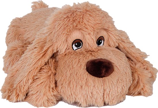 Bruine knuffelhond met lange, pluizige vacht, grote bruine neus en bruine ogen.