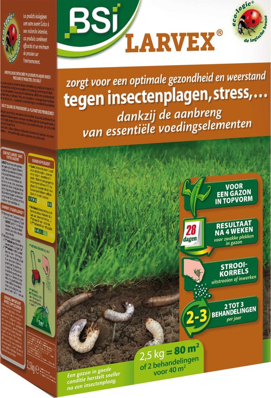 BSI Larvex gazonmeststof in oranje verpakking, met de tekst 'zorgt voor een optimale gezondheid en weerstand tegen insectenplagen, stress,...' en afbeeldingen van larven.