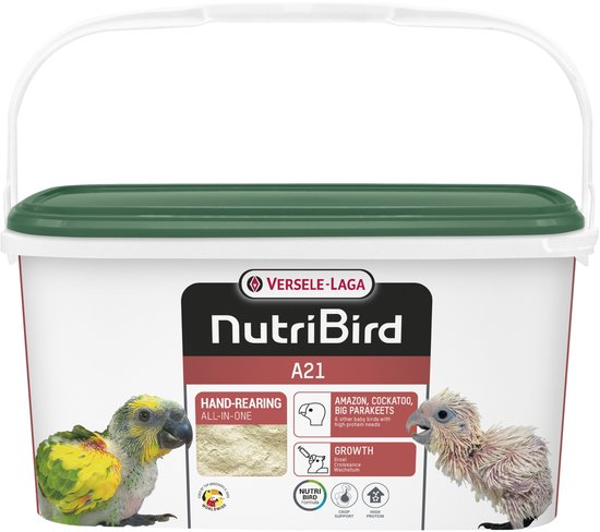 Grote NutriBird A21 bak met groene deksel. Bevat een baby parkiet.