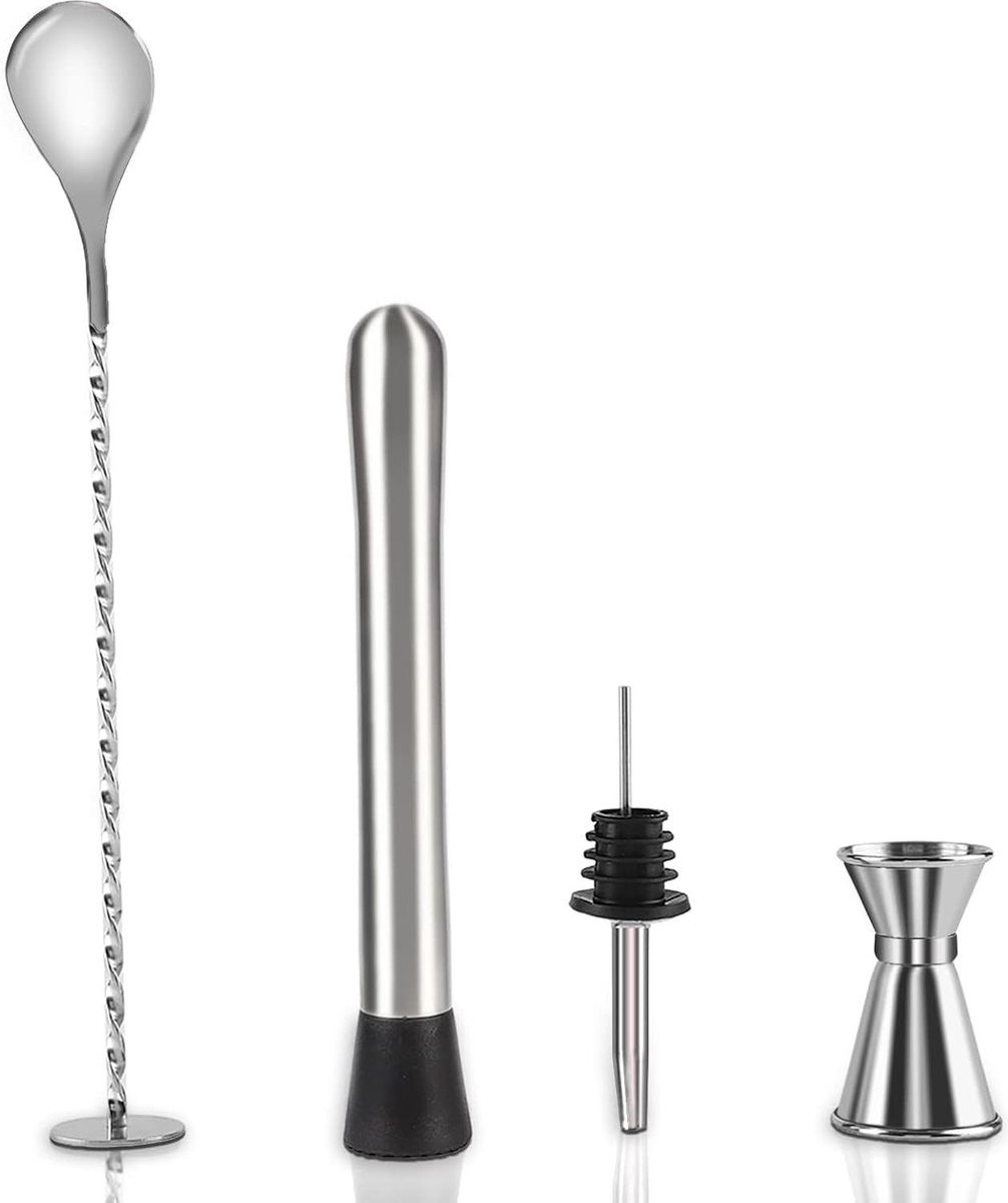 Cocktailset Zilveren cocktail stamper-roestvrij staal-mengen lepel bar gereedschap set met dubbele jigger