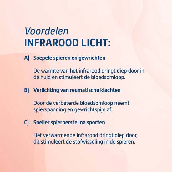 Voordelen van infraroodlicht: ontspant spieren en gewrichten, verlicht reumatische klachten en helpt bij sportherstel.