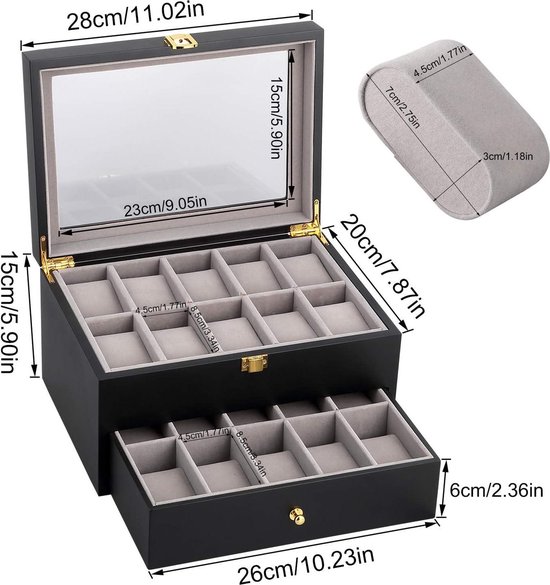 MengH-SHOP Boîte à Montres 2 Emplacements - Écrin PU Couvercle Verre - Rangement Montres Et Bijoux
