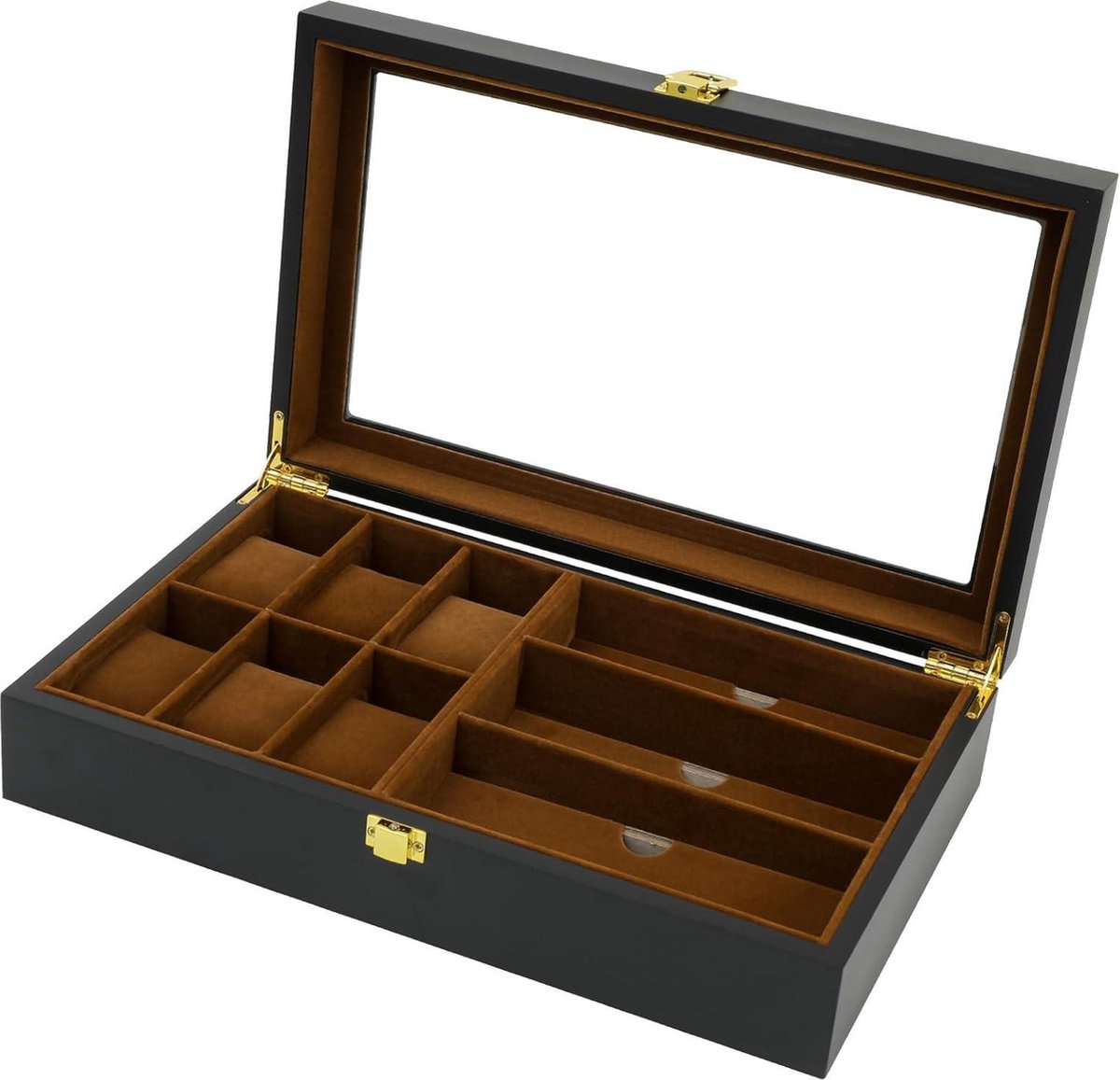 Boîte Rangement Lunettes Et Montres ADERTOS - Bois Et PU - 6 Compartiments Montres + 3 Lunettes - 33x20x8cm