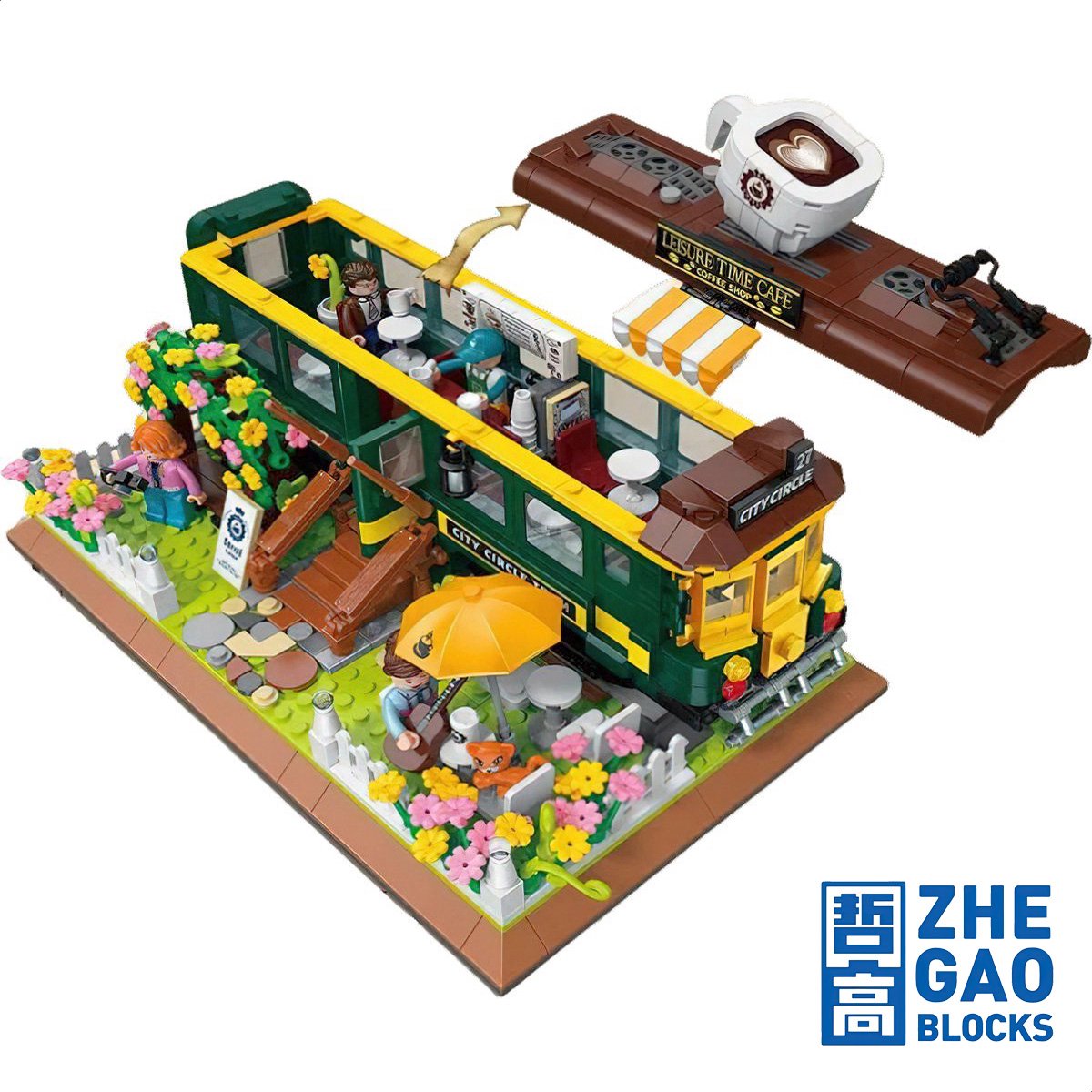 Zhe Gao DZ6002 Classic Trein Café bouwset incl. 4 minifigures | City & friends adventure Modelbouw | Educatief Creator speelgoed bouwpakketten voor kinderen & volwassenen | Bloemen foodtruck niet compatibel met lego | Bouwdoos met 1081 bouwstenen — afbeelding 9