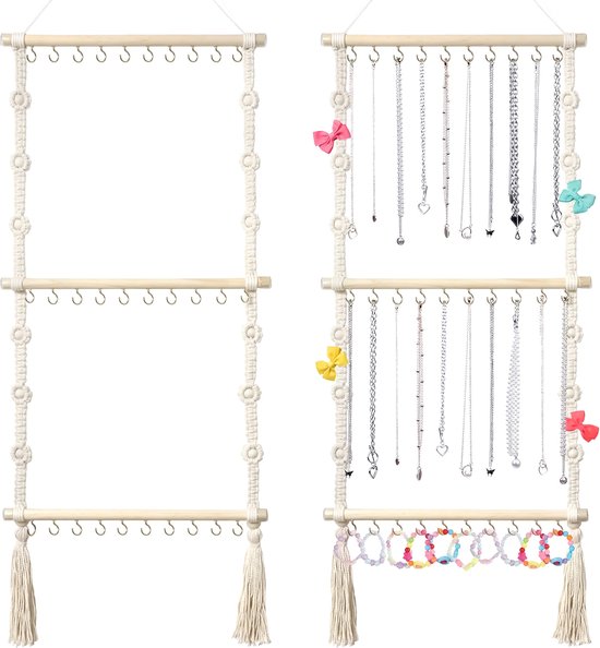 Foto: Macram wandkleed sieraden organizer display met 30 haken oorbellen rek kettingen opbergen rekje sleutels houder sieradenhouder sieradenrekje oorbellenrekje voor volwassenen juwelenrekje juwelendoos standaard sleutelrekje sieradendoos