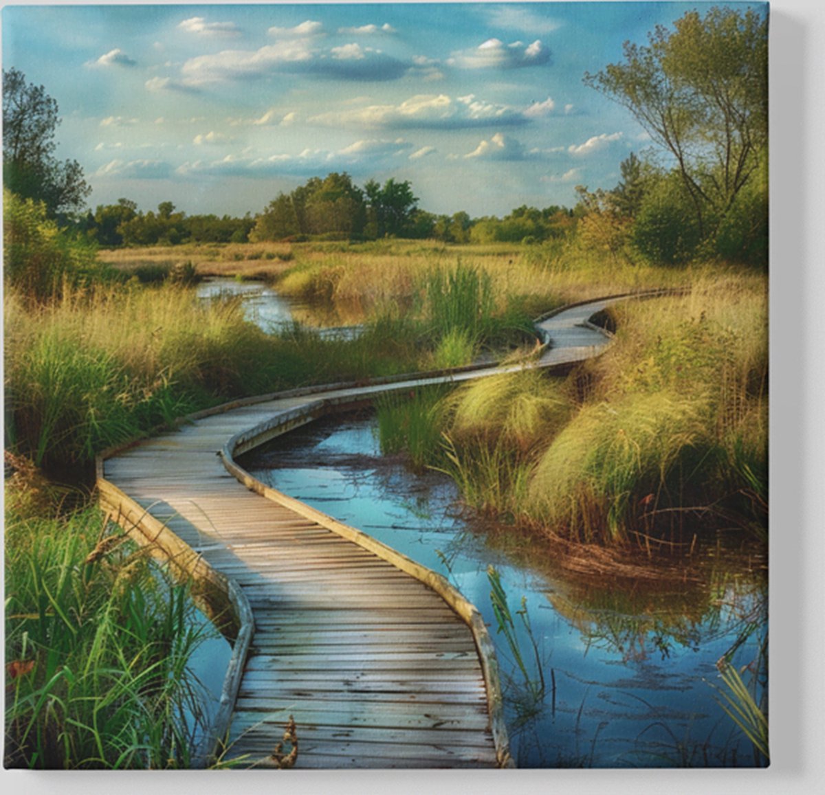 Trendex Global Vierkant Canvas Schilderij - Landschappen - Houten Loopbrug - 100x100x2 cm Groen