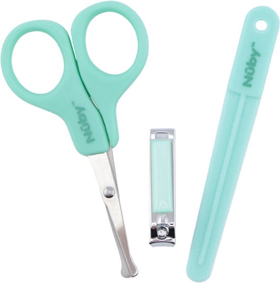 Mintgroene baby nagenschaar, nagelknipper en nagelvijl.