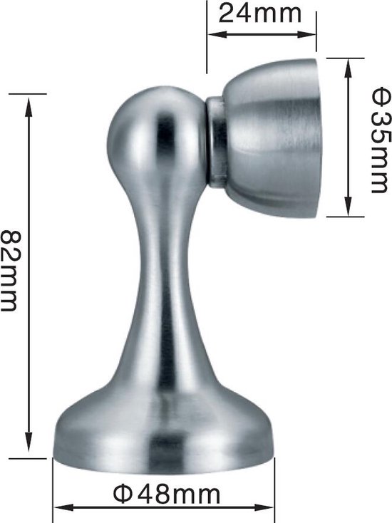 Zilverkleurige magnetische deurvastzetter met afmetingen aangegeven. Diameter voet 48mm, hoogte 82mm, diameter kop 35mm.