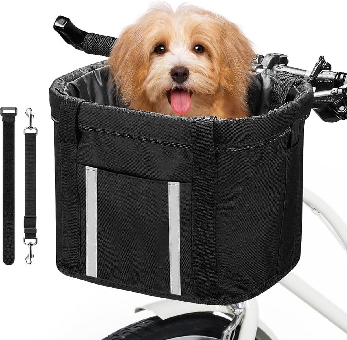 Fietsmand, opvouwbaar, voor kleine huisdieren, katten, honden, afneembare fietsstuurmand, snelle ontgrendeling, eenvoudige installatie, afneembare fietstas, picknick, winkelen., m, zwart