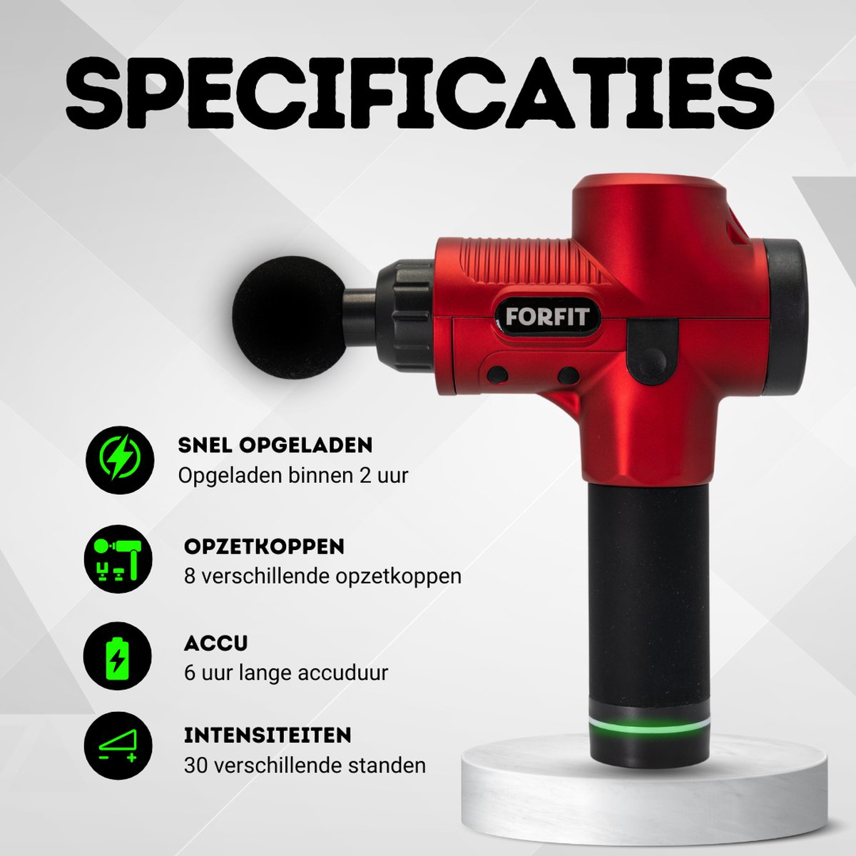 Afbeelding 2 van VAKANTIEDEAL- FORFIT Massage Gun - Red – 30 Standen en 6 Opzetstukken – Draadloos en stil – Professioneel Massage apparaat- Massage Pistool