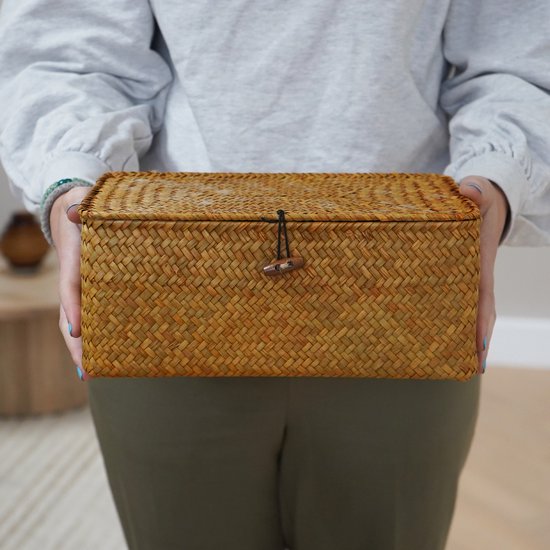 Boîte de rangement en rotin marron clair de 29x19x12cm avec couvercle et fermeture à bouton en bois, tenue par une personne.
