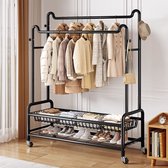 Eleganca Kledingrek XXL - H170 x B150 x D45 cm - Garderoberek op Wieltjes - Dressboy - Kledingstang - Kledingrek met Schoenenplank - Garderoberek met Ophanghaken - Kledingrek dubbel - Metaal - Zwart