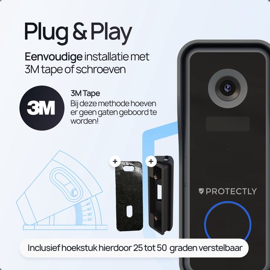 Sonnette vidéo intelligente sans fil Protectly® avec caméra - Sonnette sans fil - 2K Ultra HD - Geen abonnement - Incl. carillon sans fil - Incl. Carte SD de 64 Go