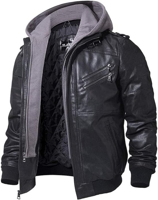 Heren PU leren jas met zakken, casual rits lange mouw capuchon jas voor buiten