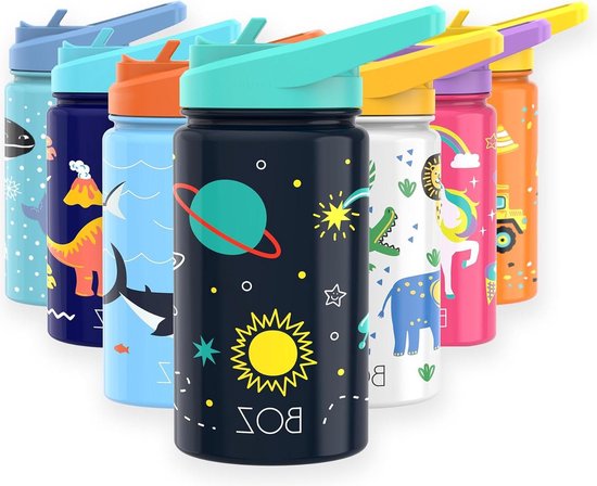 OLDLEY 500ml/17oz Kids roestvrij staal geïsoleerde waterfles met rietje, dubbelwandige metalen vacuüm lekvrije kleine fles met 2 verschillende deksels warme koude dranken voor kinderen, jongens