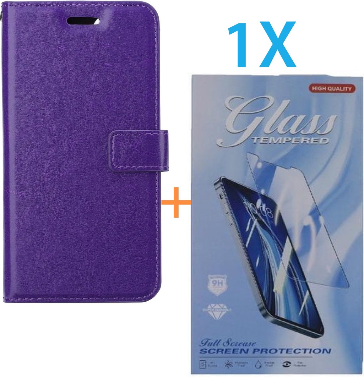 Bookcase Geschikt voor: Apple iPhone 16 - Paars - portemonnee hoesje - + 1X Tempered Glass Screenprotector