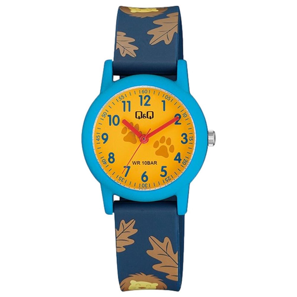 QQ V23A-004VY - Horloge - Sport - Analoog - Kinderen - Unisex - Plastic band - Rond - Kunststof - Cijfers - Leeuw - Blauw - DonkerBlauw - Geel - 10 ATM