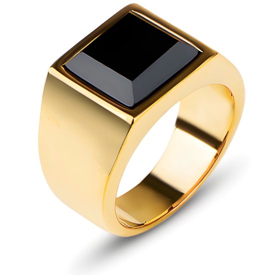 Chevalière Pour Homme Dorée Avec Pierre Noire – Acier – Bague Bagues Hommes – Cadeau pour Homme – Cadeaux Masculins