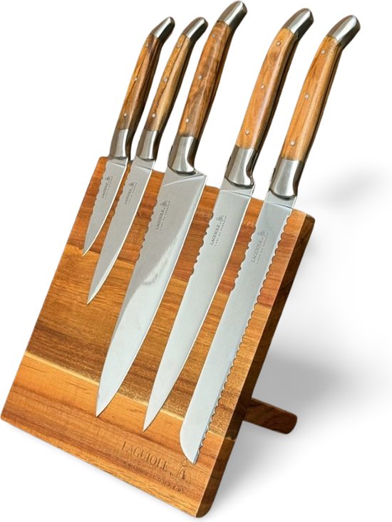 Foto: Laguiole l art du keukenmessen set 5 delig magnetisch messenblok olijfhout