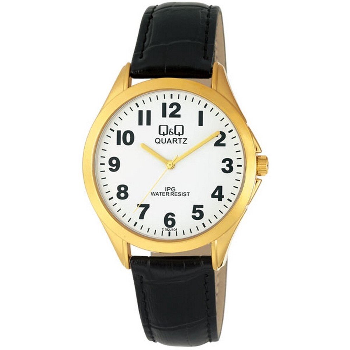 QQ C192J104Y - Horloge - Analoog - Heren - Mannen - Leren band - Rond - Staal - Cijfers - Zwart - Goudkleurig - Wit - 3 ATM