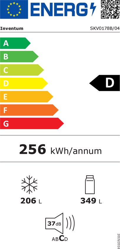 Energielabel D voor koelkasten van 256 kWh/annum. Met icoon voor 37 dB geluid en 206L/349L inhoud.
