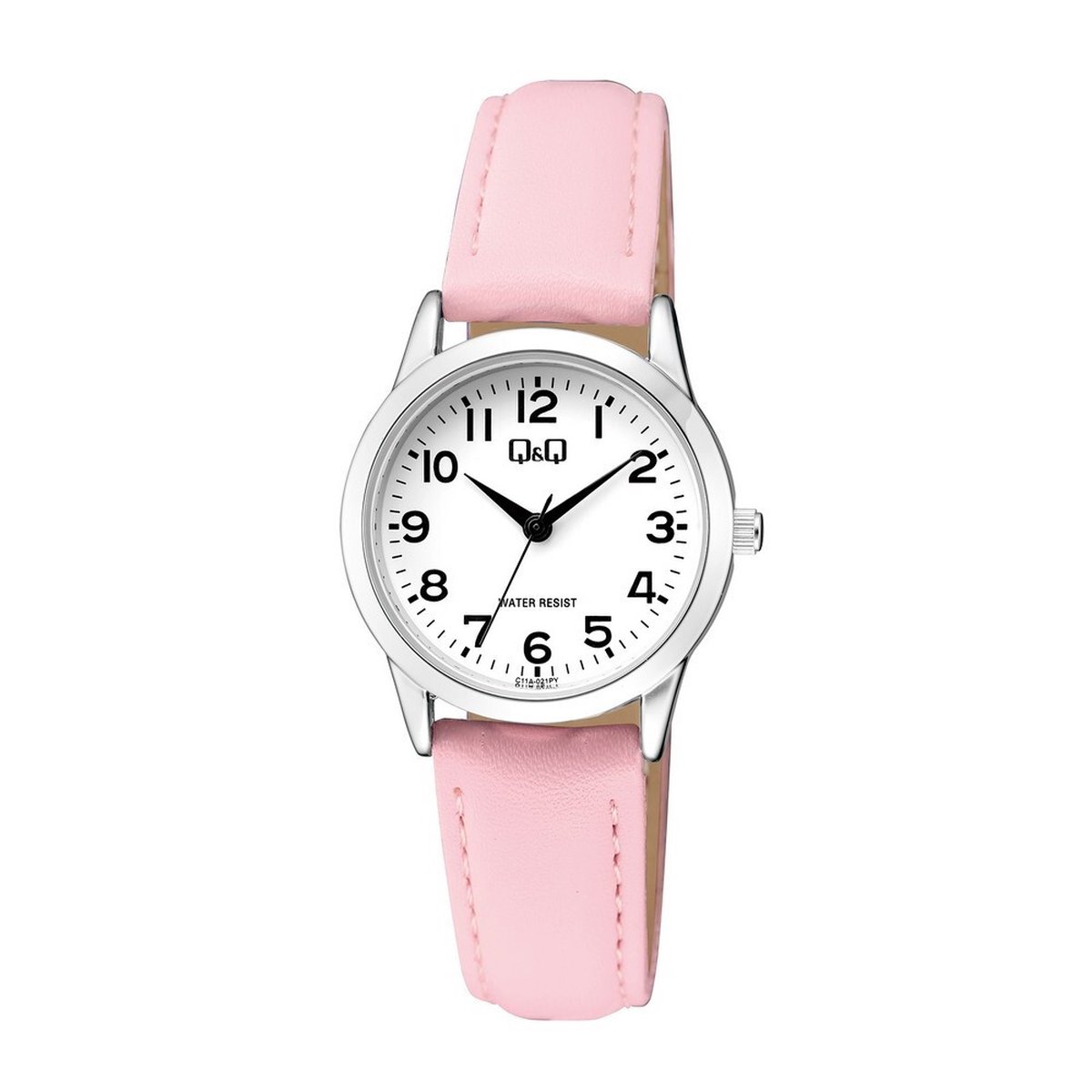 QQ C11A-021PY - Horloge - Analoog - Vrouwen - Dames - Leren band - Rond - Metaal - Cijfers - Roze - Zilverkleurig - Wit - 3 ATM