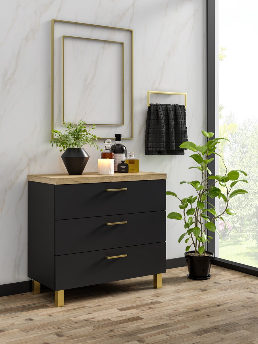 Promeubels Pro-meubels - Ladekast Novara - Zwart mat - Eiken - 60cm - Opbergkast - 3 lades - Commode