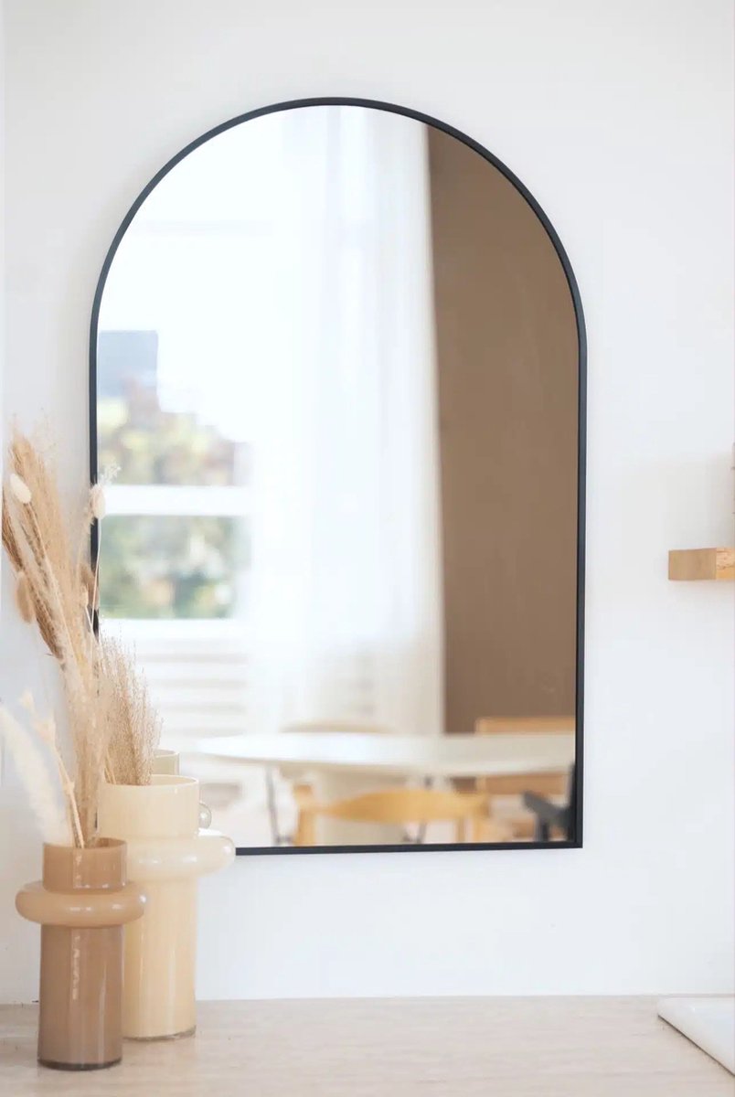 Nordic Style® Boogspiegel 90x60cm - Zwart - Scandinavische Spiegels - Halfrond - Wandspiegel - Badkamerspiegel - Gangspiegel - Wand - Gang - Badkamer - Boog - Half Rond Ronde - Woonkamer - Wand - Muurspiegel - Muur