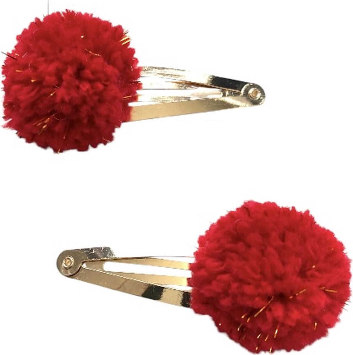 Luna-Leena duurzame haarspeldjes pom pom rood met goud (set) - L5cm - soft wol - klik klak speld goudkleurig - handgemaakt in Nepal - pom pom hair clips - haar accessoires - kerst cadeau - feest - verjaardag - sieraad