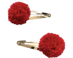 Luna-Leena duurzame haarspeldjes pom pom rood met goud (set) - L5cm - soft wol - klik klak speld goudkleurig - handgemaakt in Nepal - pom pom hair clips - haar accessoires - kerst cadeau - feest - verjaardag - sieraad