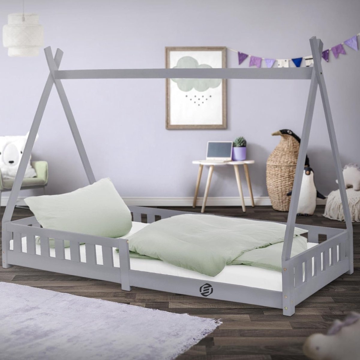 Equivera Grondbed - Peuterbed - Kinderbed - Bedhuisje - Huisbed - Grondbed Peuter - Laag Bed - Vloerbed Grijs