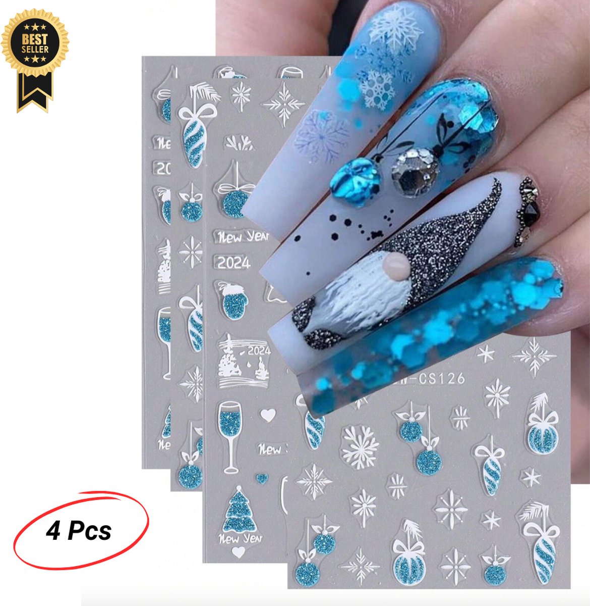 Goedkoopste GUAPÀ® Nagelstickers Kerst | Diverse Patroontjes Winter Feest Stickers Nagels | 3D Nagelstickers | 4 Vellentjes Nail Decals Kerst Blauw en Wit Glitters