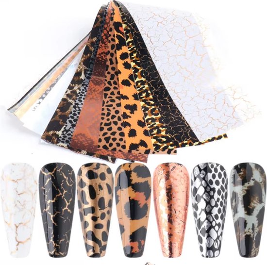 Set nail art folies met luipaard, slang en gebarsten patronen.